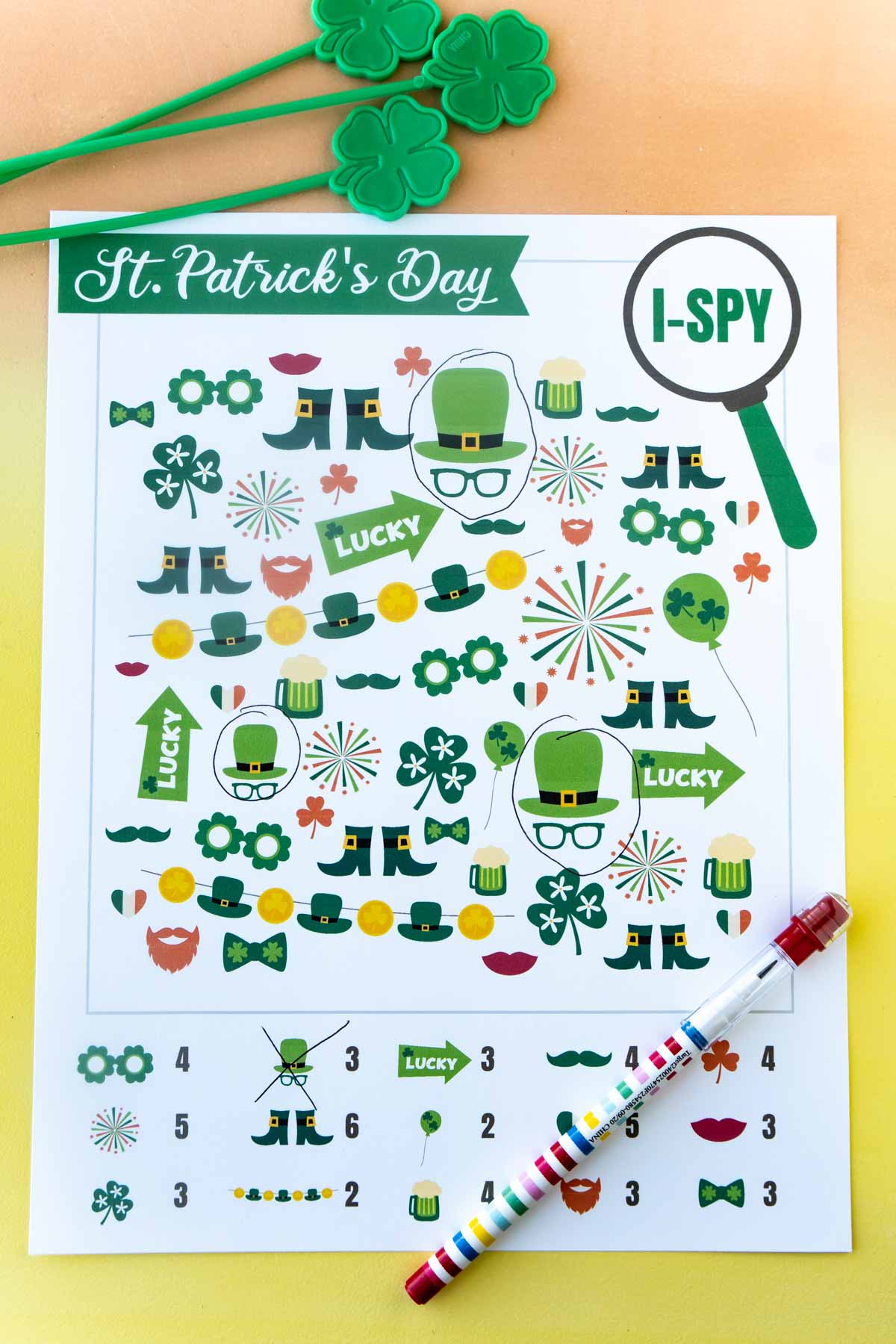 St. Patrick's Day i-spy page with items circled