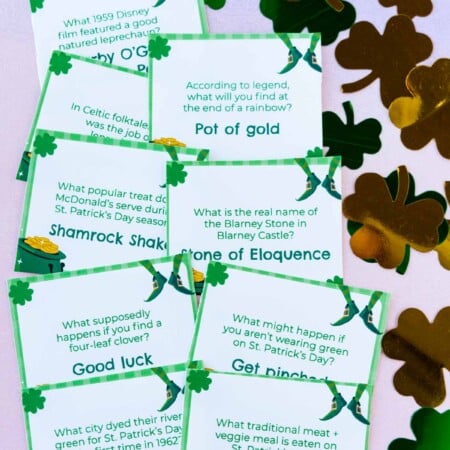Pile of printed out St. Patrick's Day trivia questions