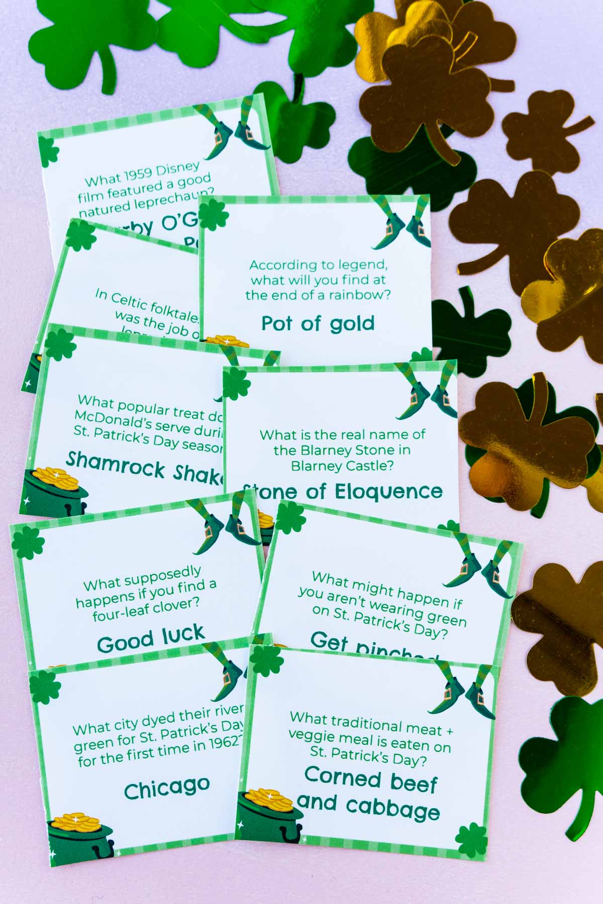 Pile of printed out St. Patrick's Day trivia questions