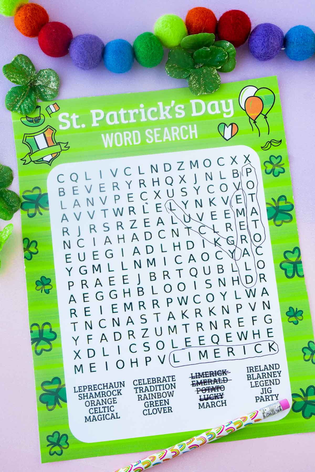 printed out St. Patricks Day word search with shamrocks all around