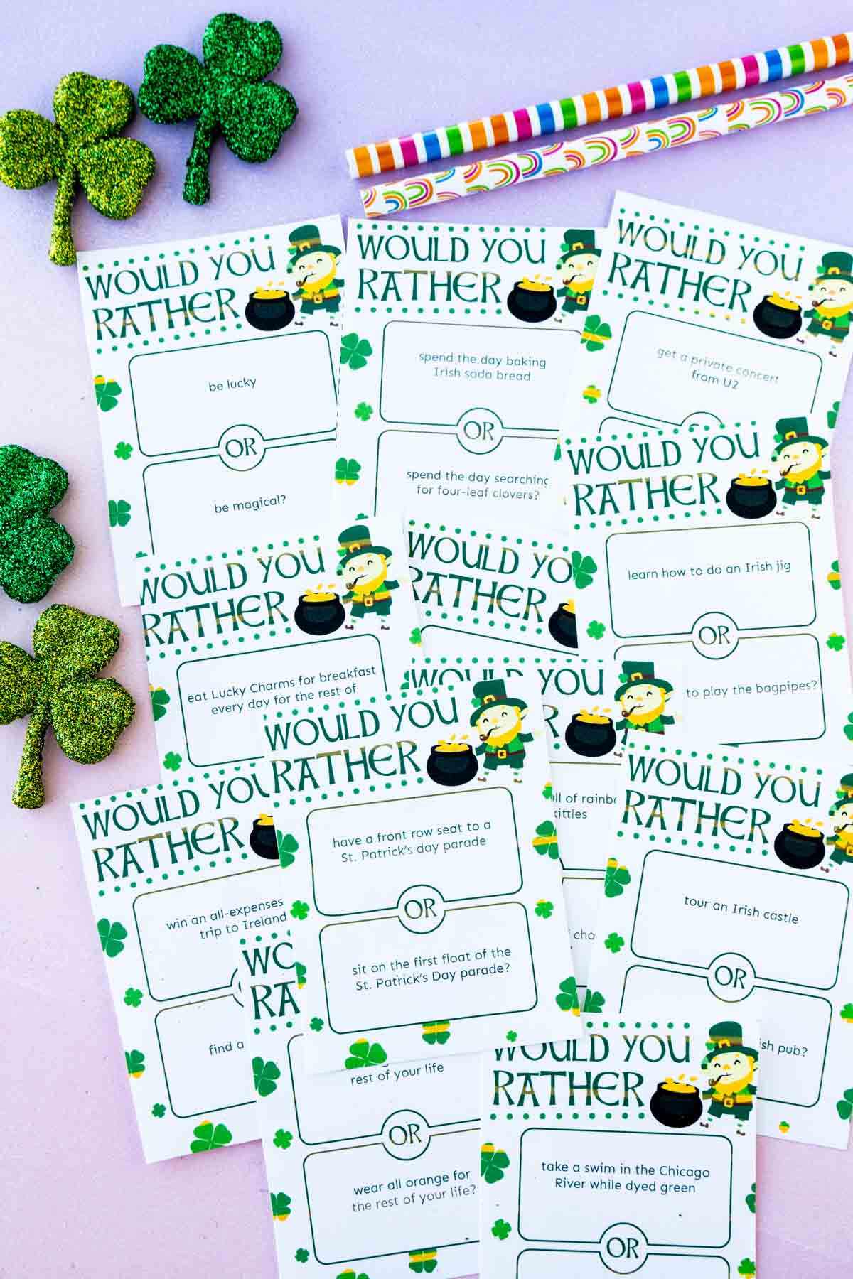 Pile of St. Patrick's Day would you rather questions