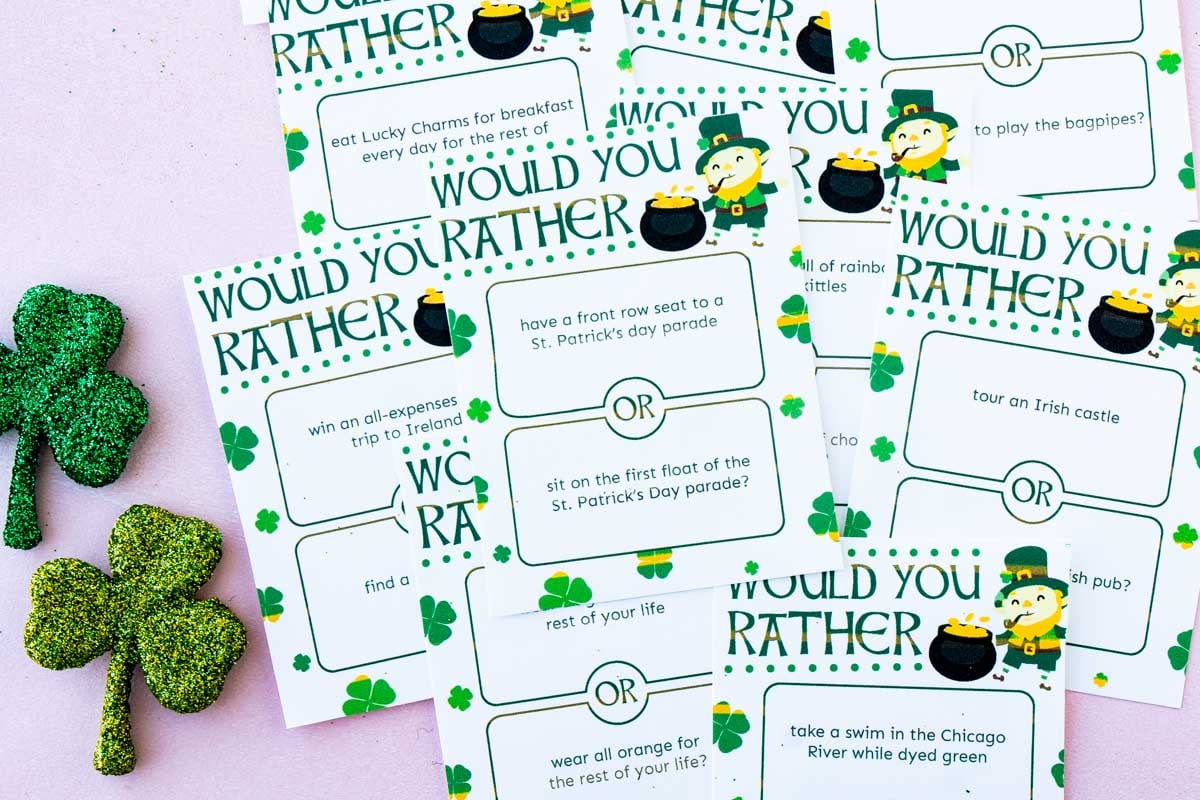 Pile of St. Patrick's Day would you rather questions