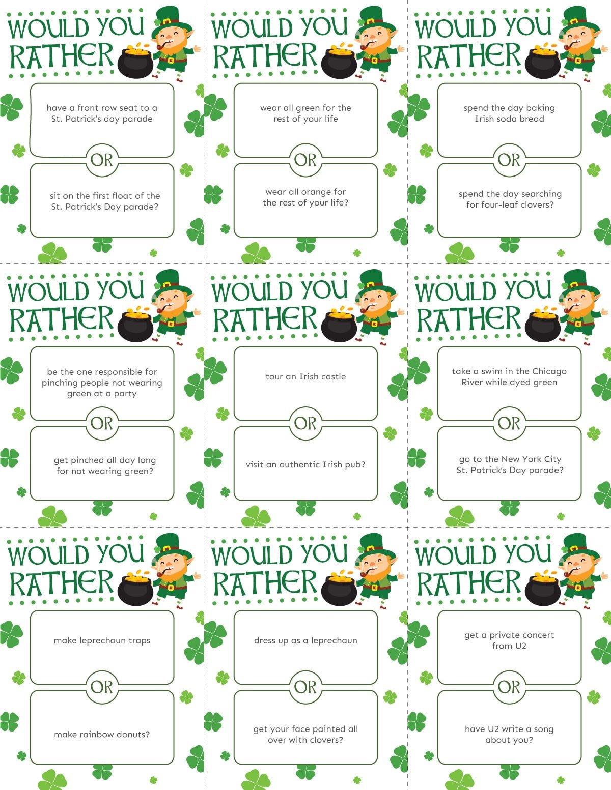 Sheet of St. Patrick's Day would you rather cards