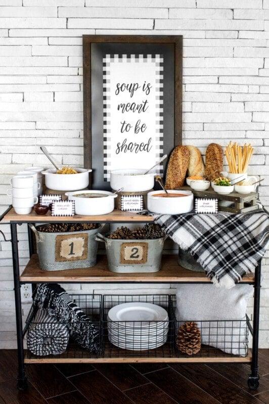 table with a bunch of soups