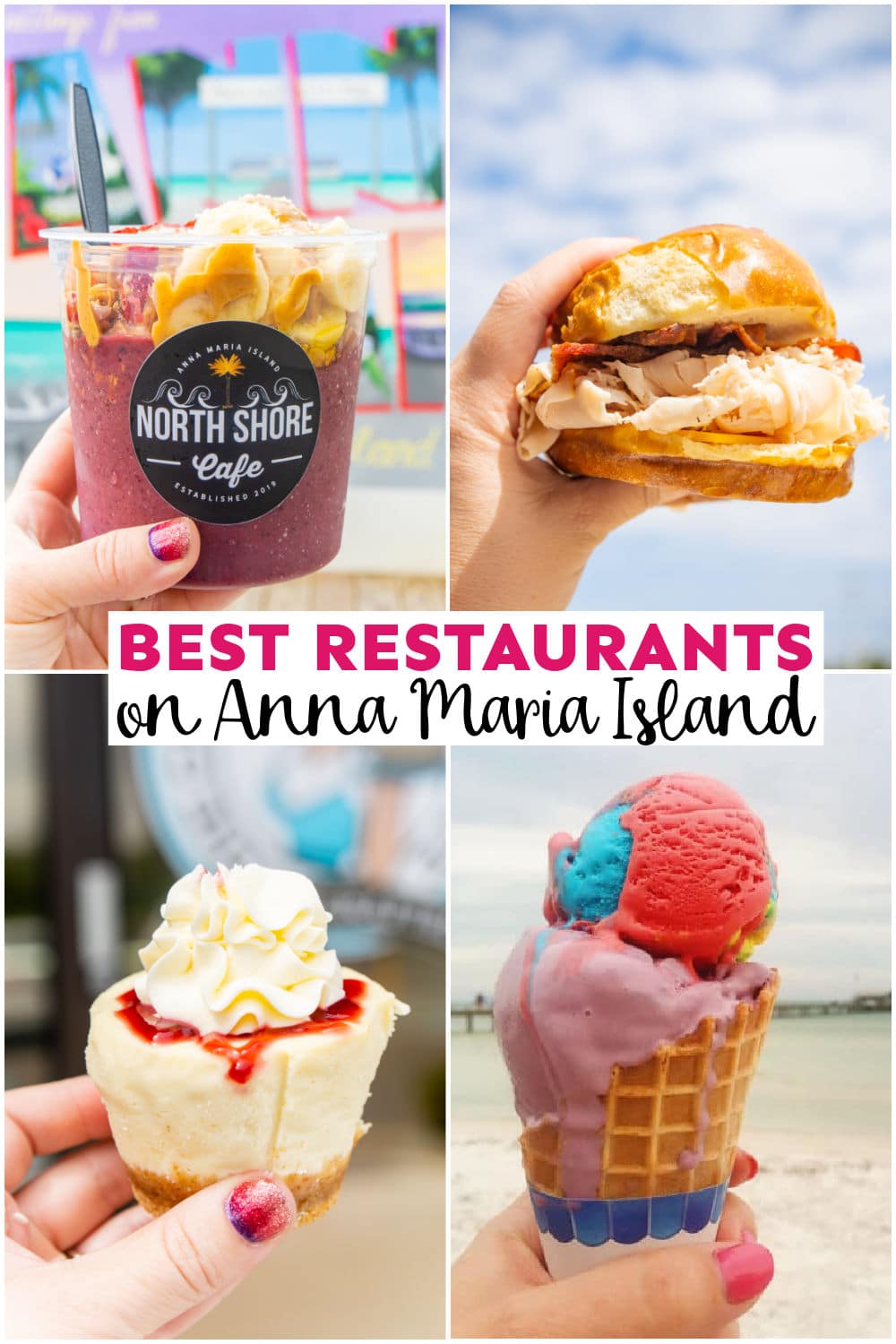 A collage of food being held by a woman's hand