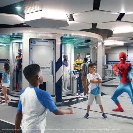 Kids with superhero characters on Disney Wish