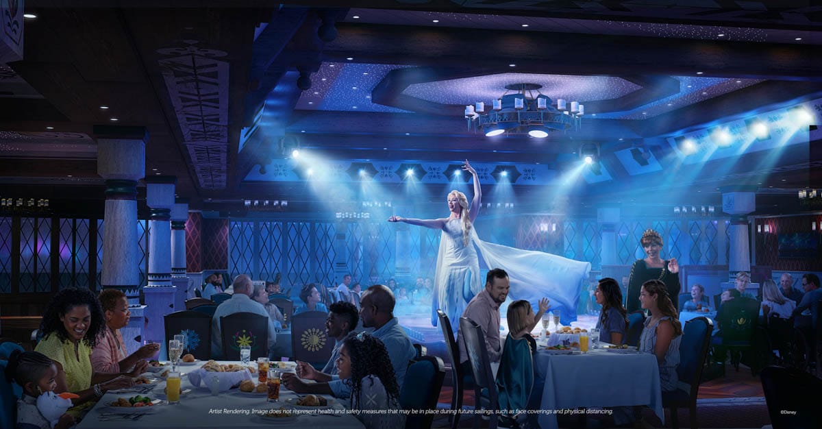 Elsa singing while families eat on Disney Wish