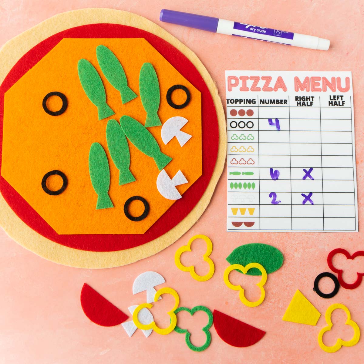 felt pizza with a dry erase menu 