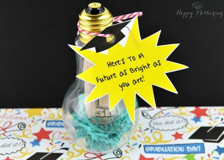 Light bulb graduation gift with a tag