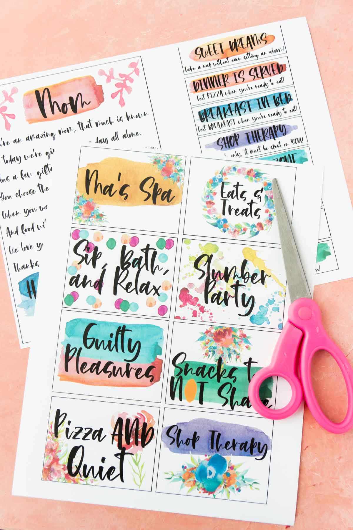 tags for Mother's Day baskets with scissors