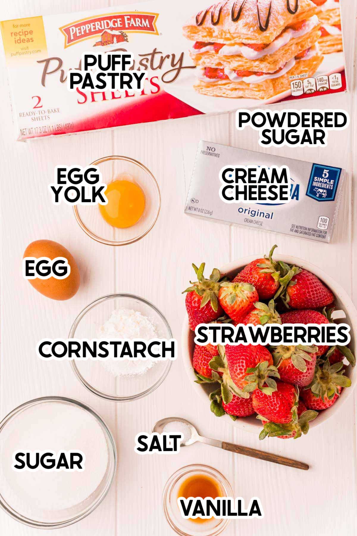 ingredients needed for strawberry danishes with labels