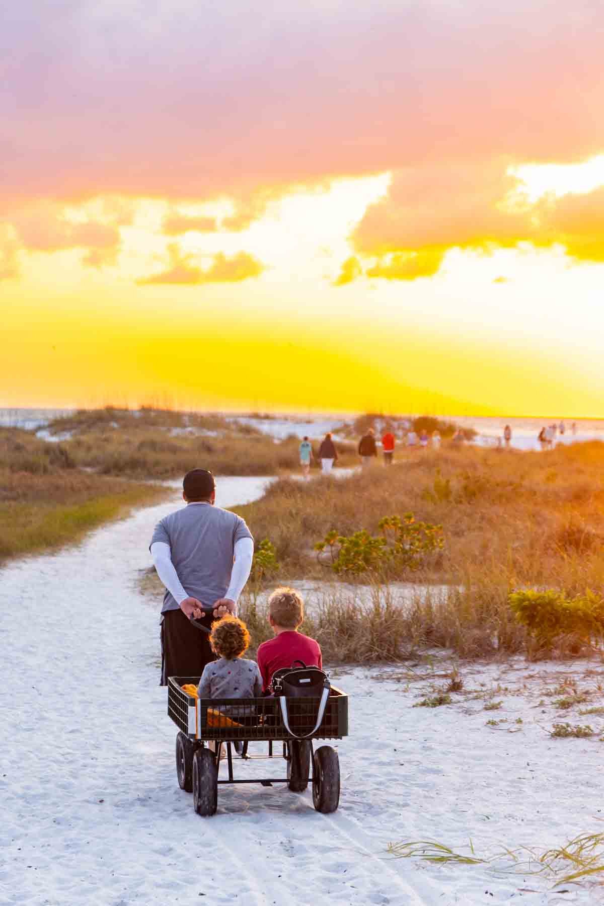 man pulling a wagon with two kids in it