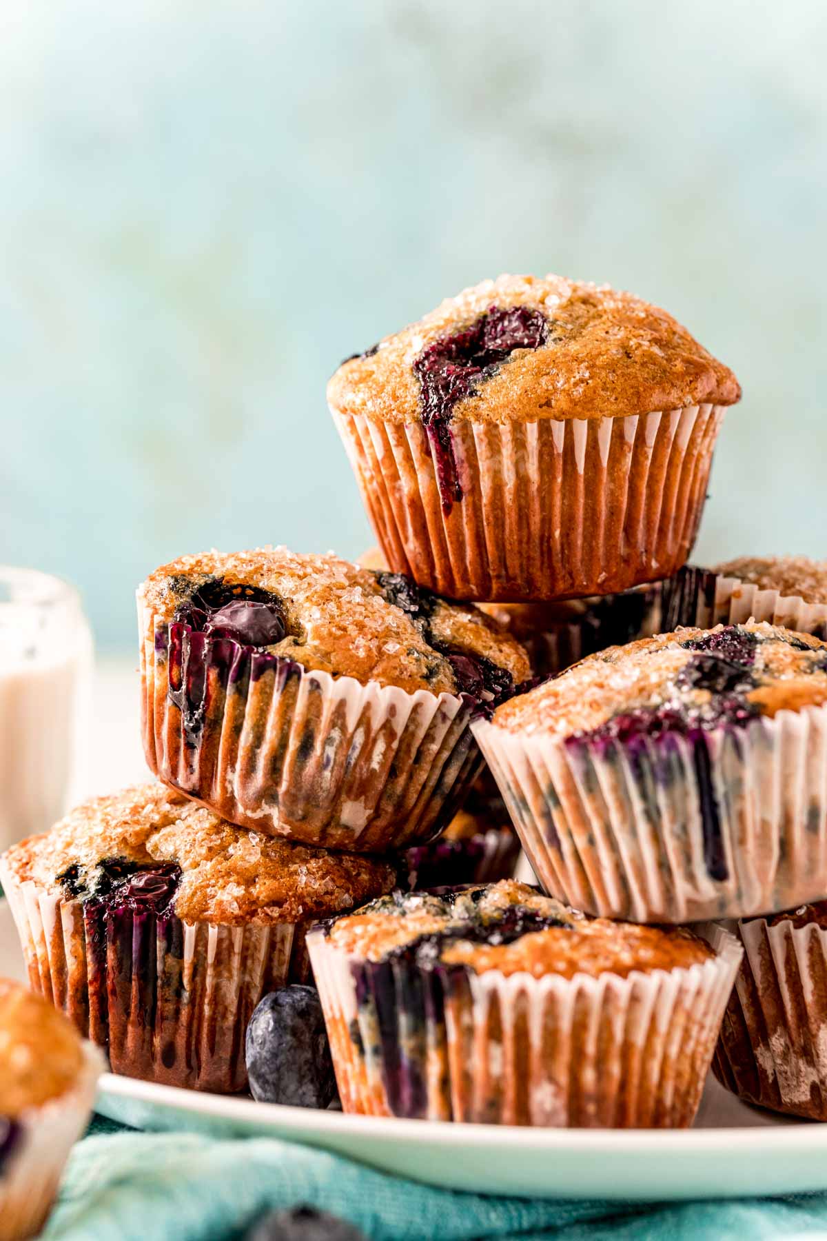 Stack of blueberry yogurt muffins