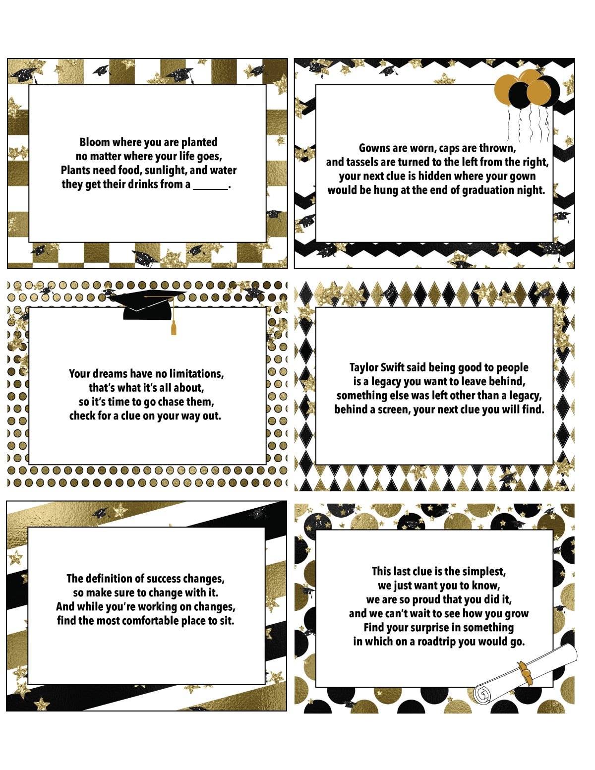 printable graduation scavenger hunt clues on a white background