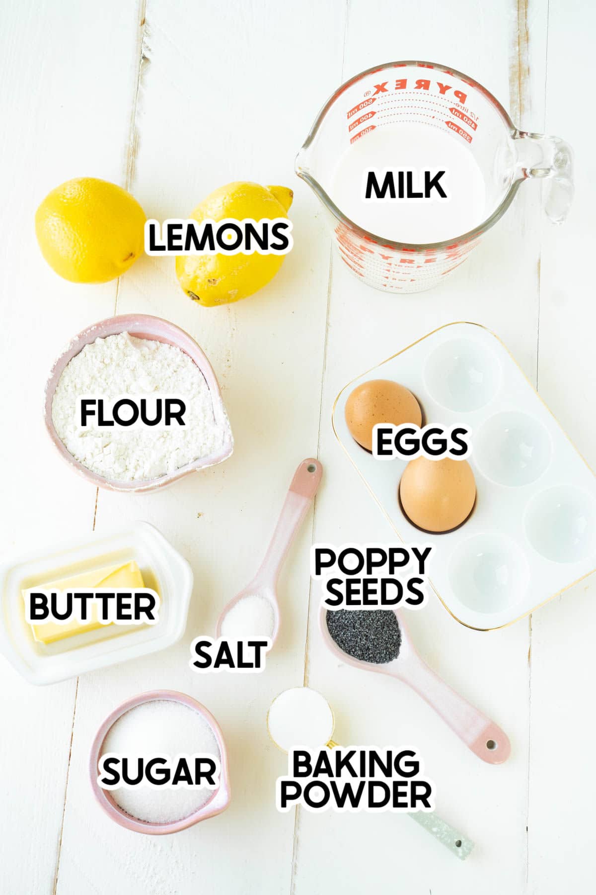 Ingredients needed for lemon poppy seed with labels