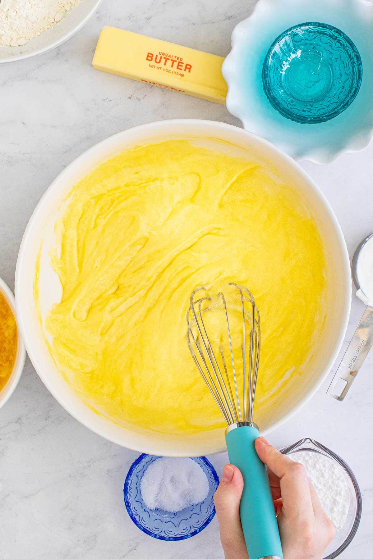 white bowl with creamed butter and sugar