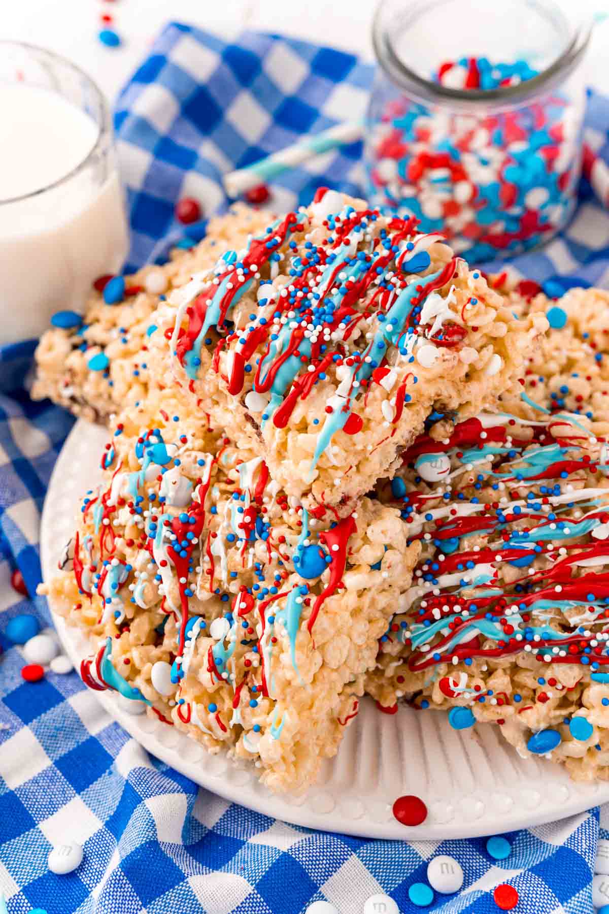 plate with stacked 4th of July rice krispie treats