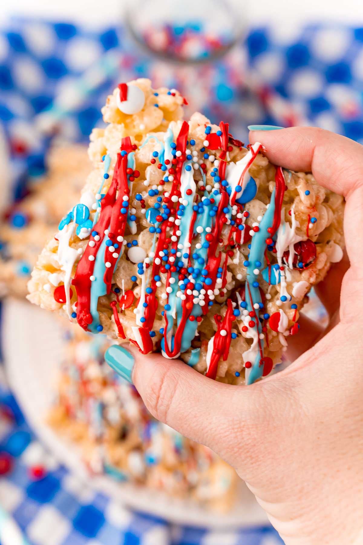 hand holding a 4th of July rice krispie treat