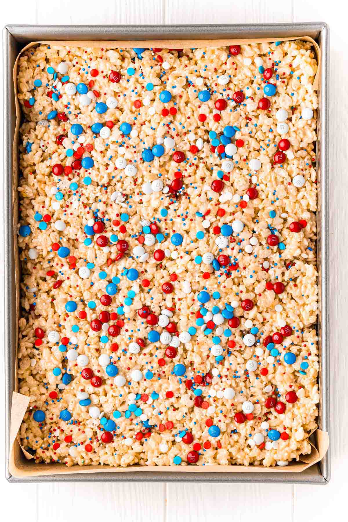 baking dish with 4th of July rice krispie treats inside