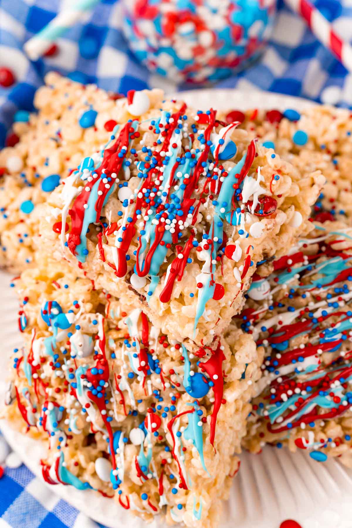 stack of 4th of July rice krispie treats on a white plate