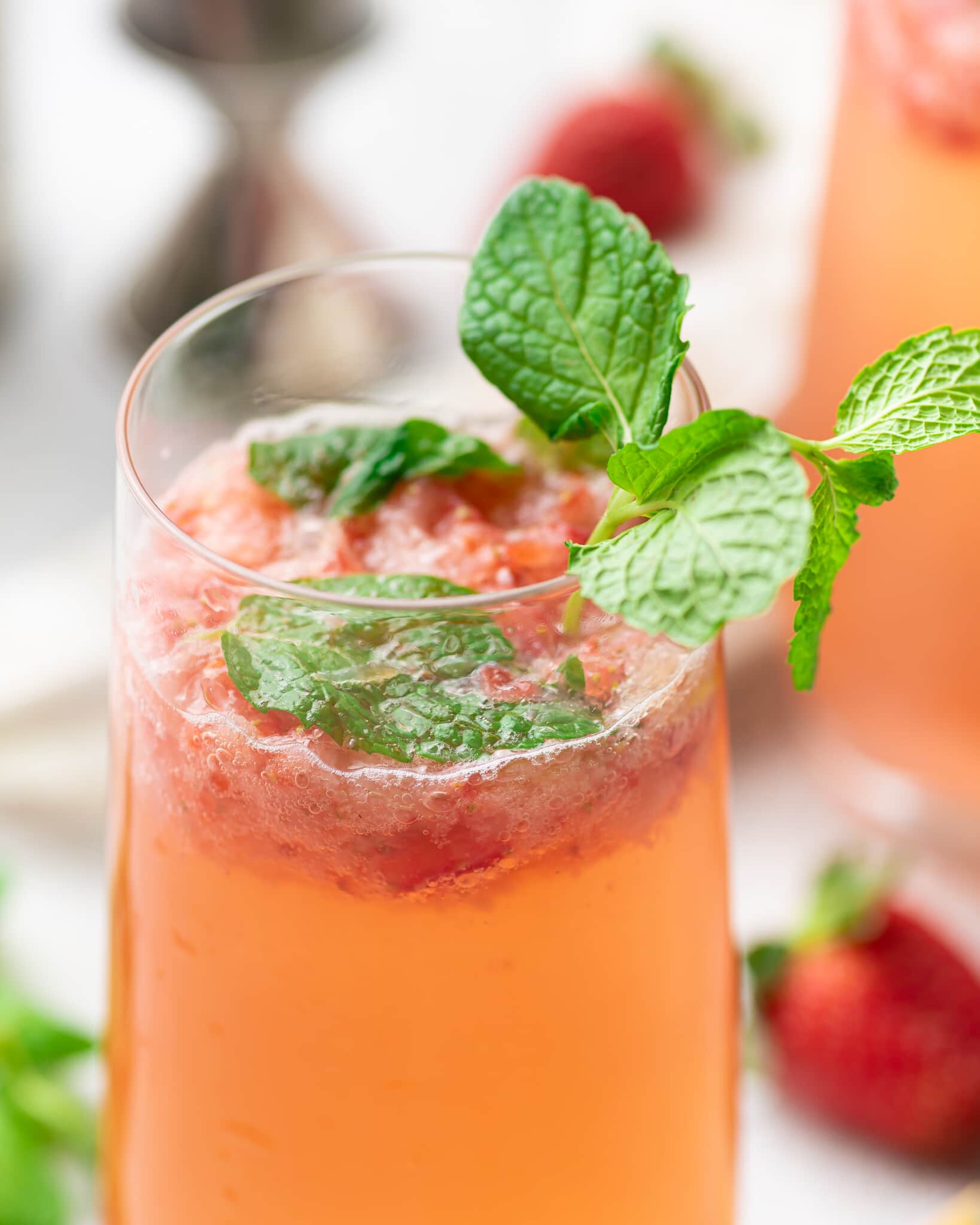 Close up of the top of a strawberry mojito