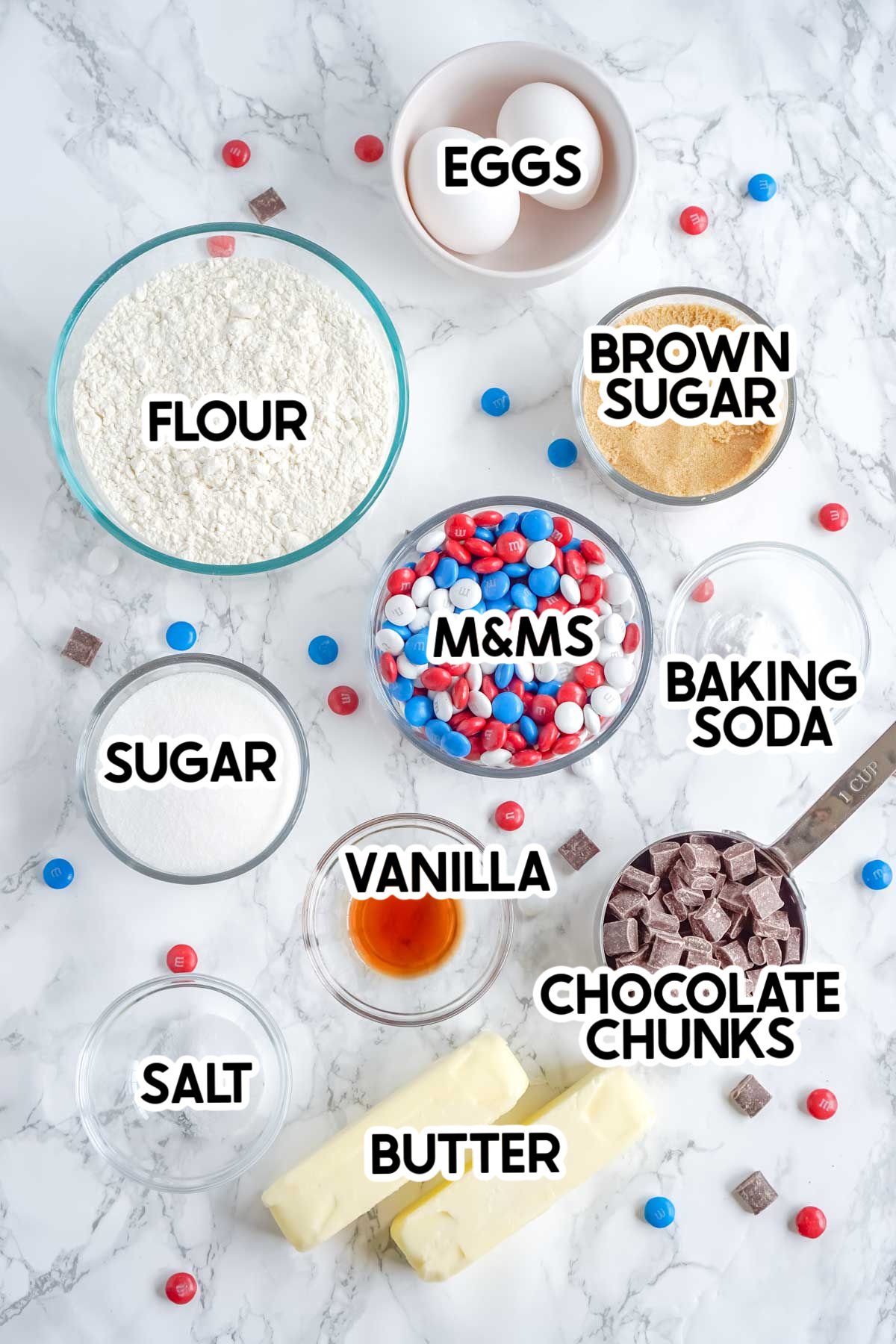 ingredients for chocolate chip M&M cookies with labels