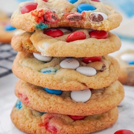 Stack of chocolate chip M&M cookies