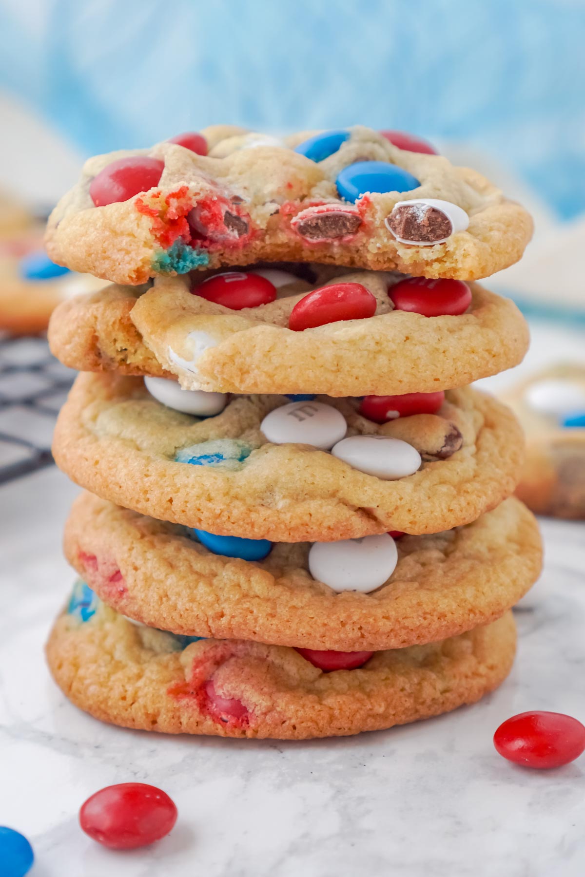 Stack of chocolate chip M&M cookies