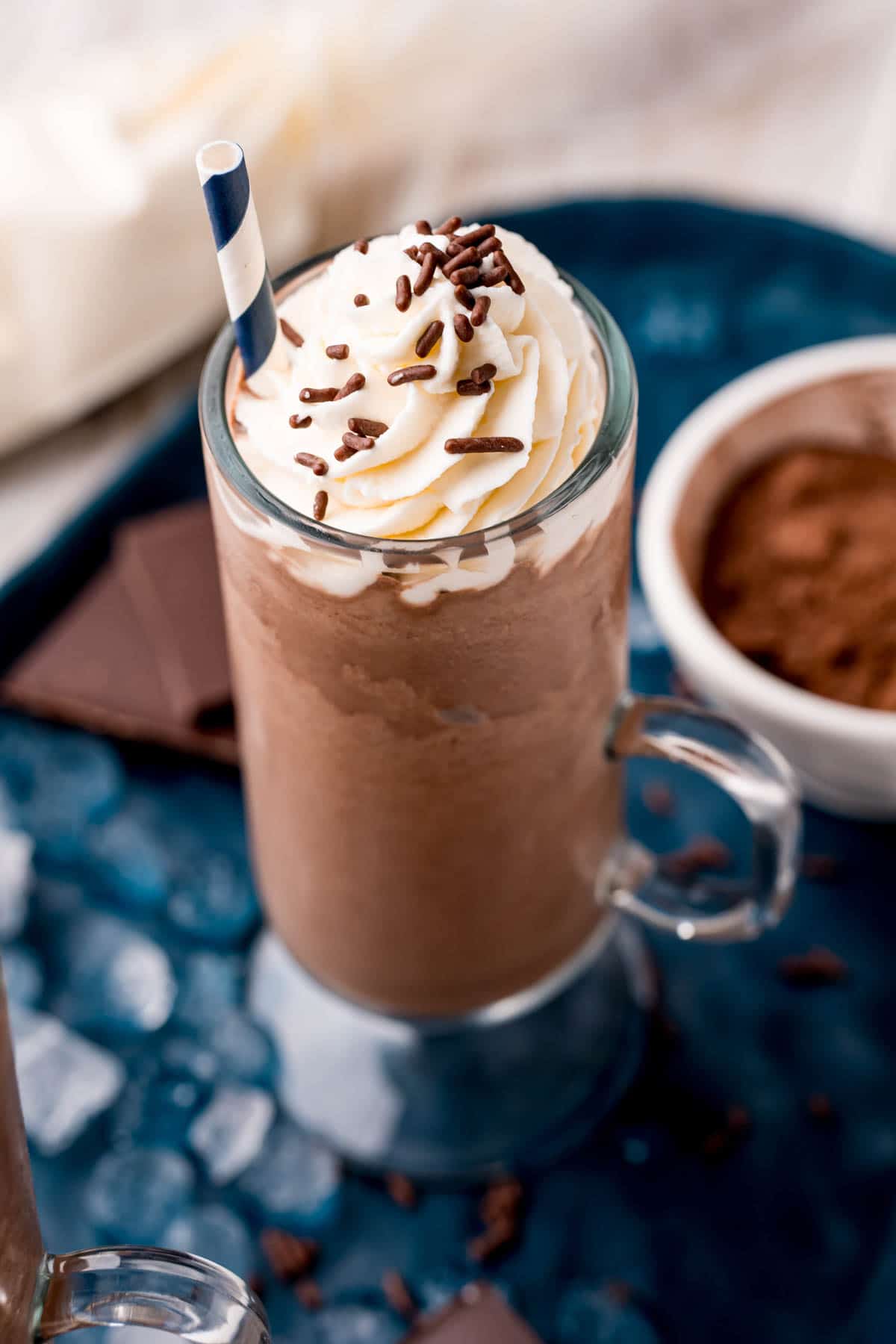 glass of frozen hot chocolate with hot cocoa mix