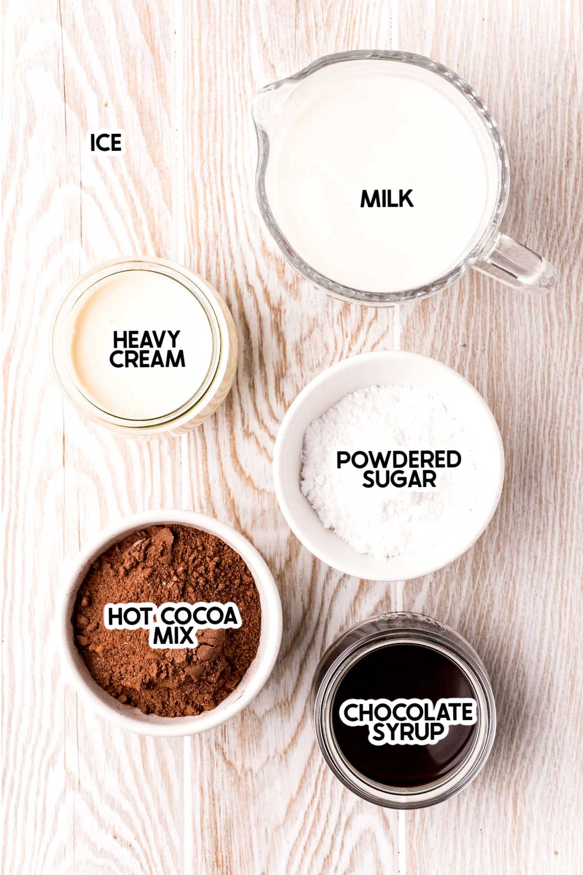 ingredients for frozen hot chocolate with labels