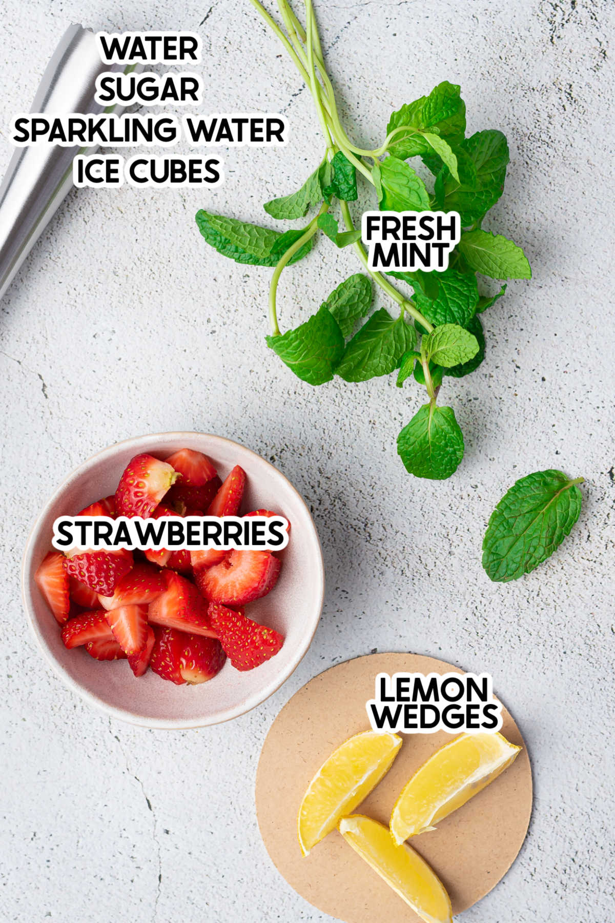 ingredients needed to make strawberry mojito mocktail with labels