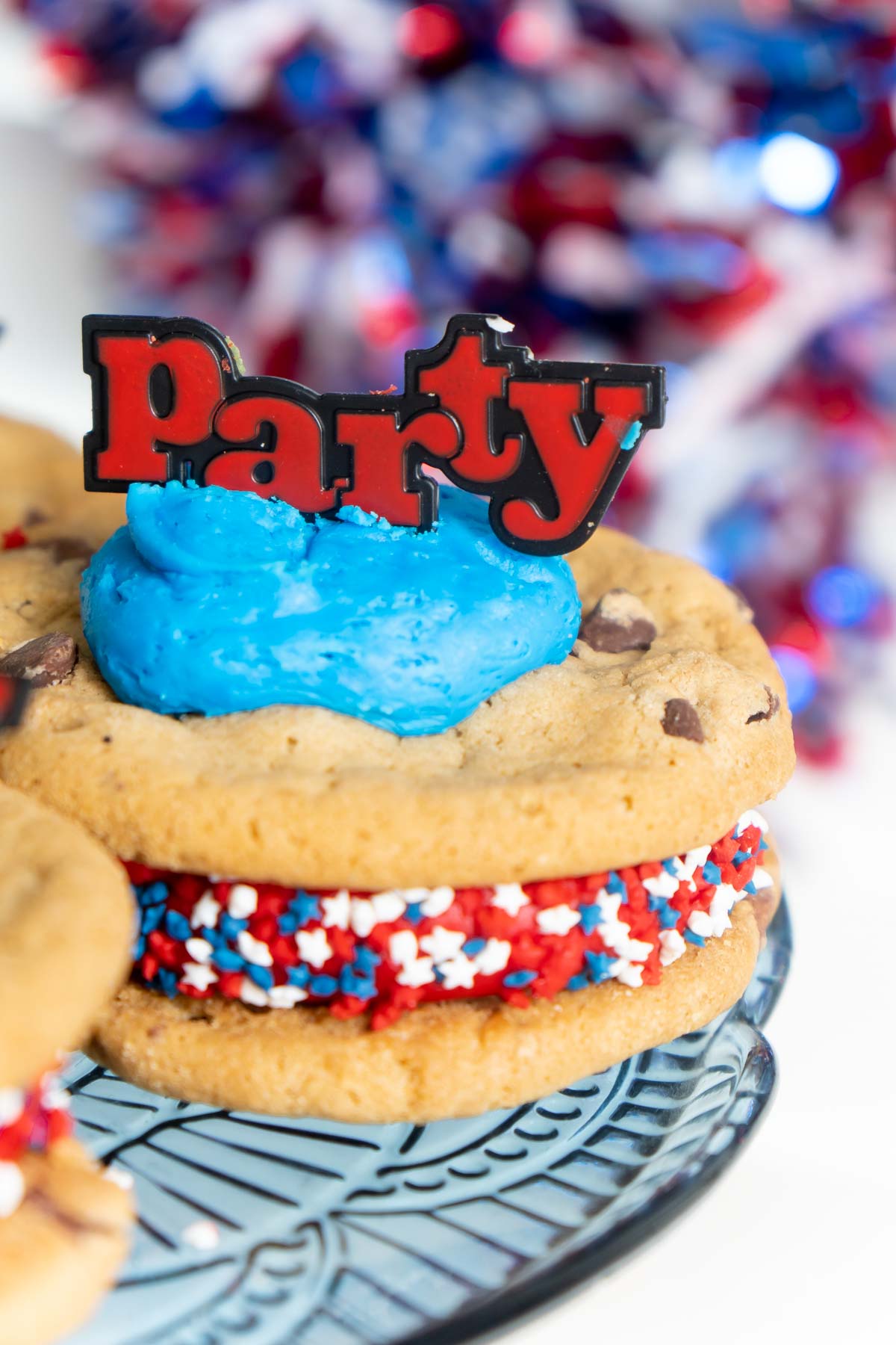 chocolate chip cookie sandwich with party sign