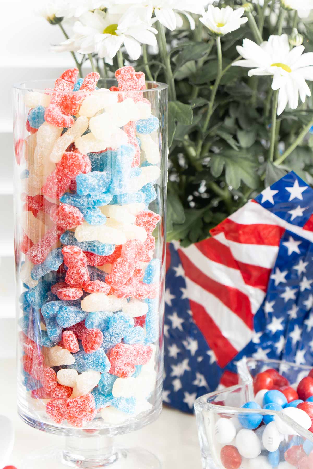 glass jar full of 4th of July Sour Patch Kids