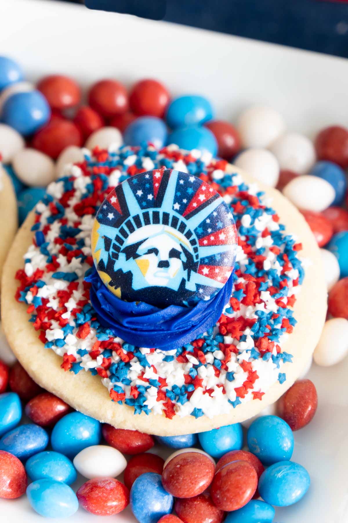 4th of July cookie on top of 4th of July skittles