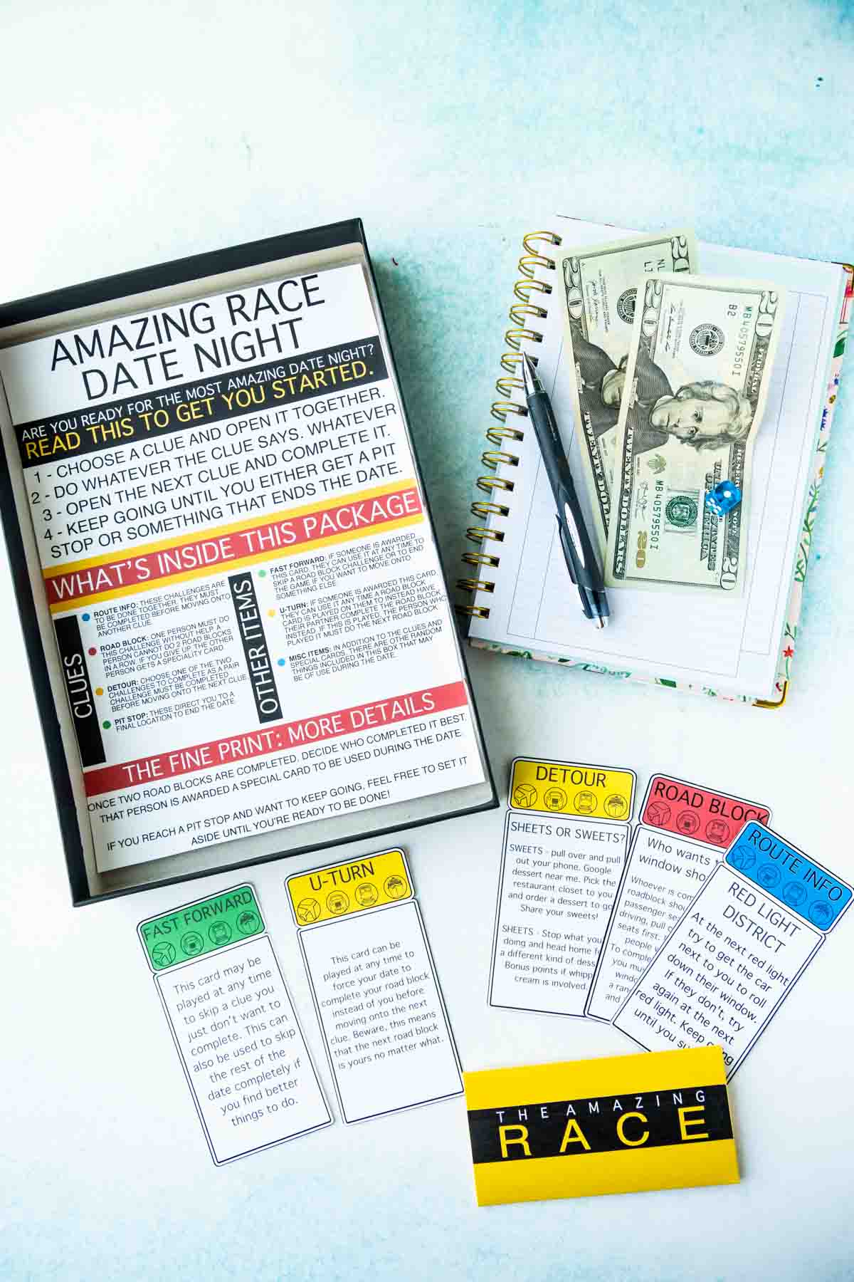 Amazing Race date materials in a box