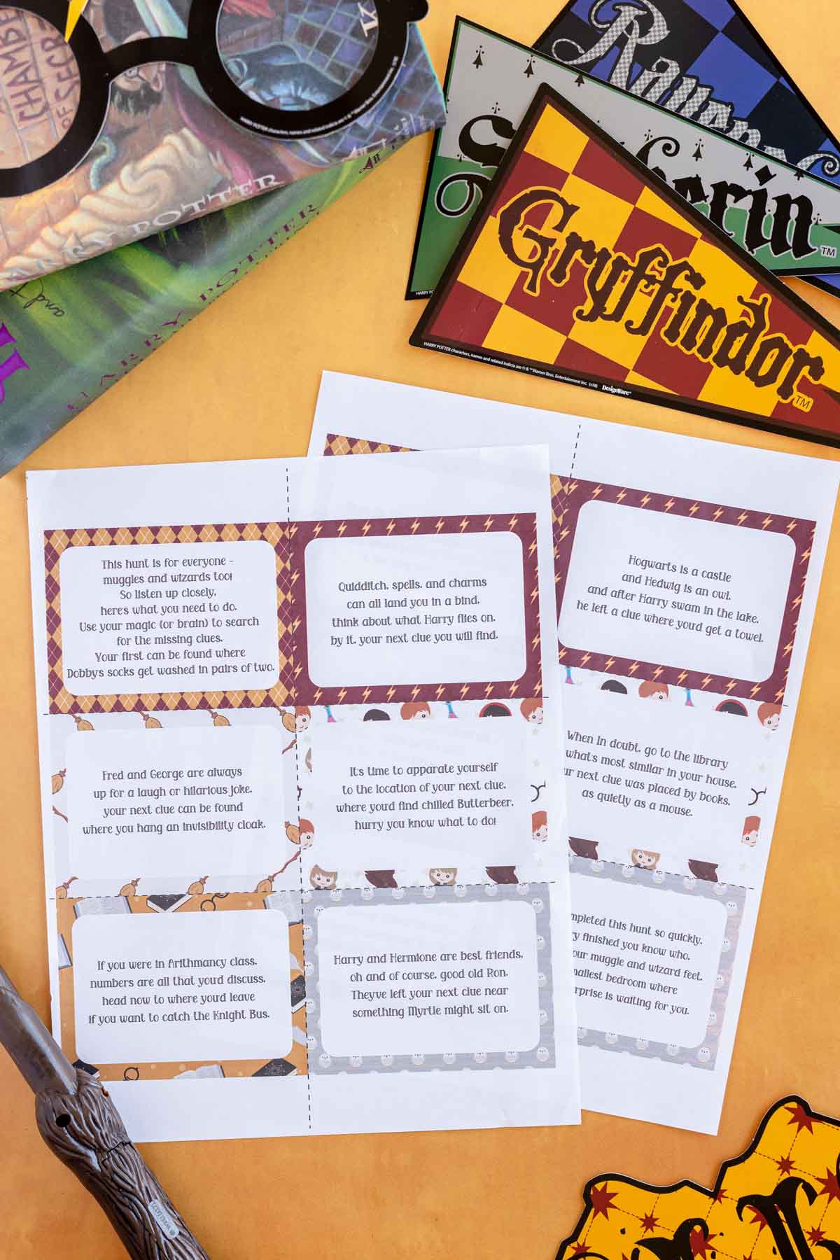 printed out Harry Potter scavenger hunt clues