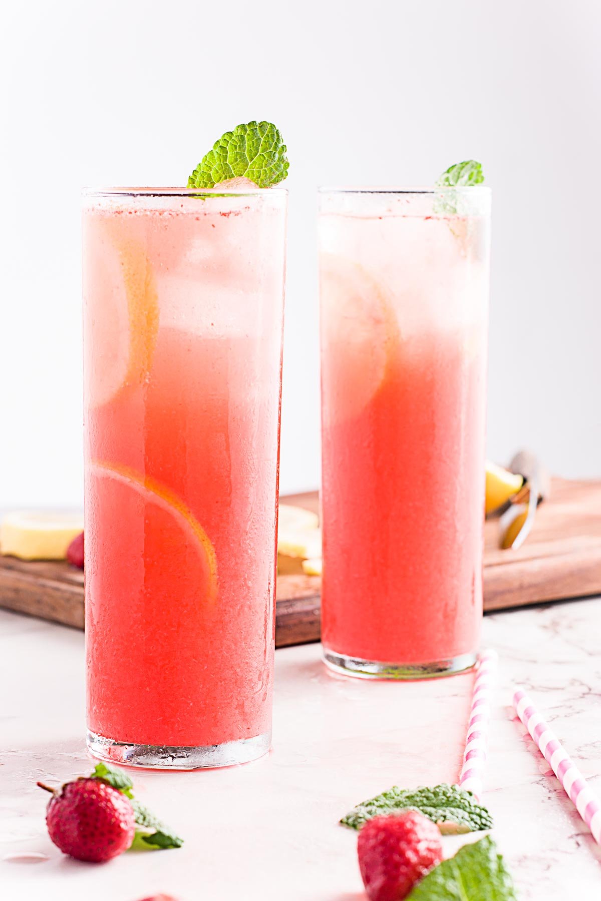 Two glasses of homemade strawberry lemonade