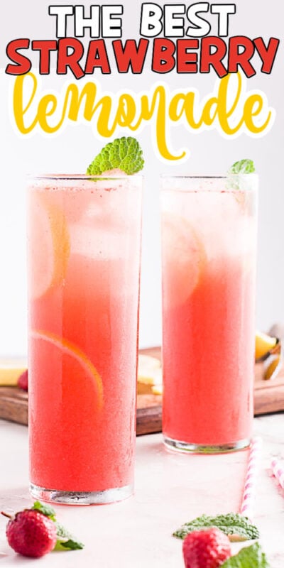 two glasses of strawberry lemonade with text for Pinterest