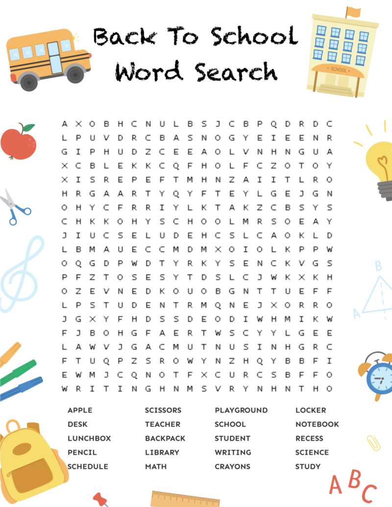 Back To School Free Printable Word Search