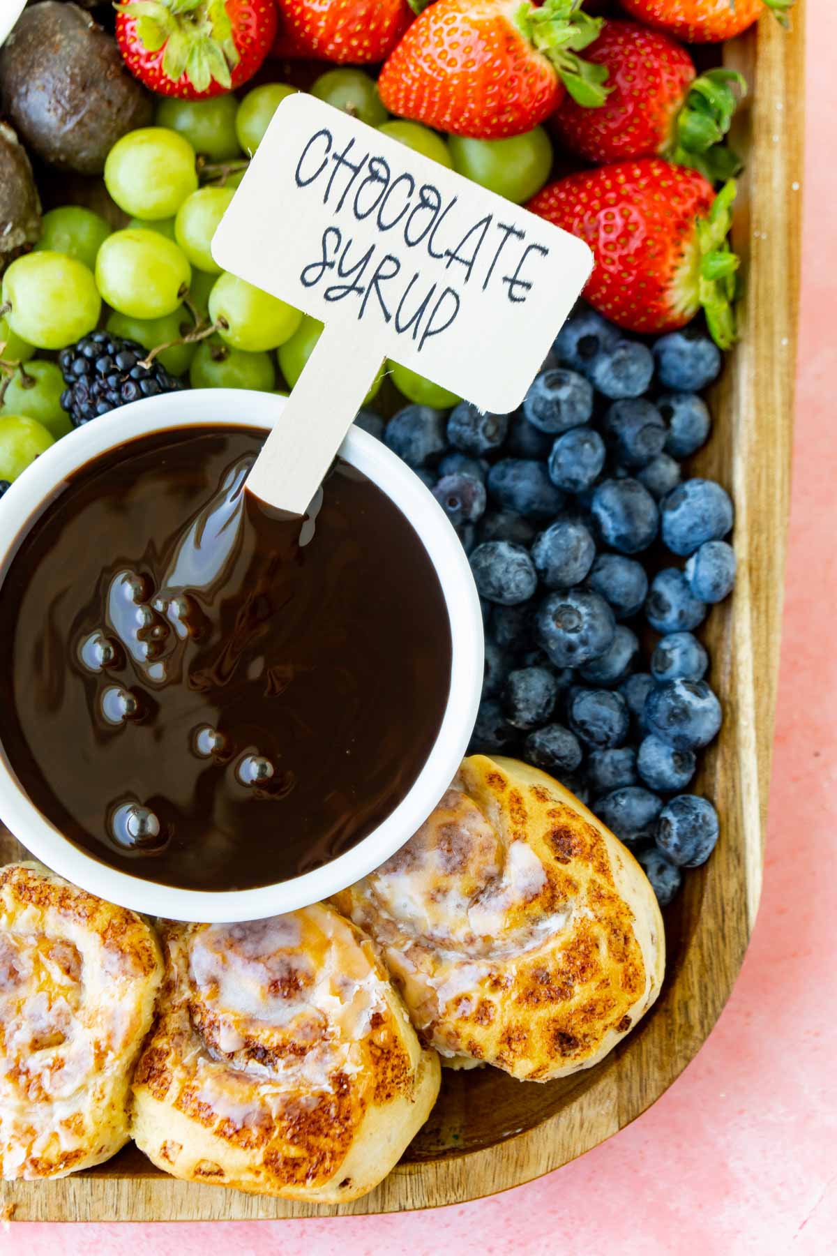 white bowl with a chocolate syrup label in it