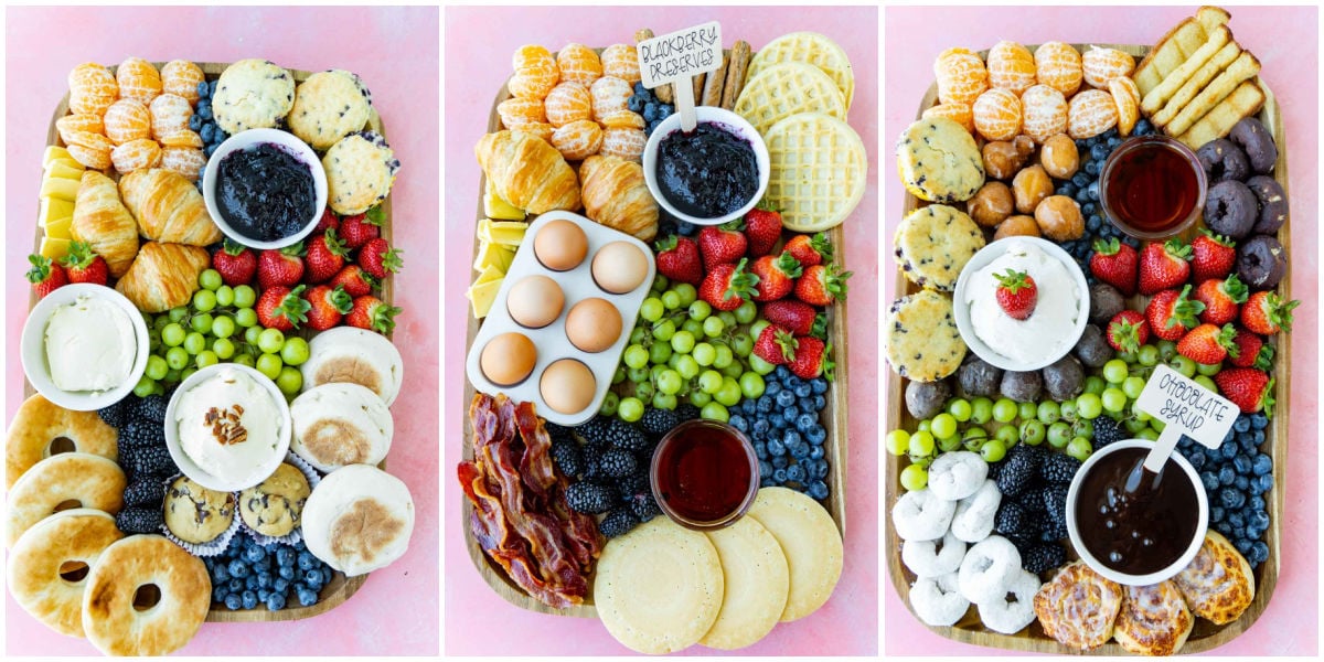 Three breakfast charcuterie board ideas in a collage