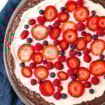 Not yet sliced brownie fruit pizza