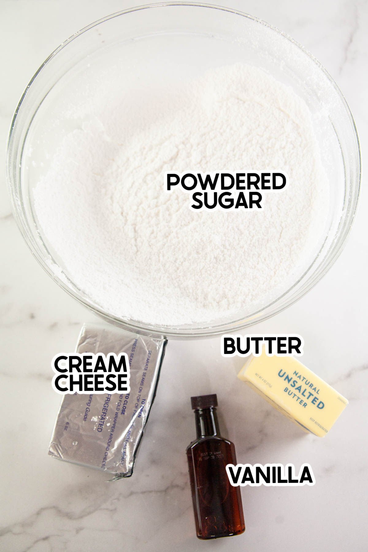 ingredients for cream cheese frosting with labels