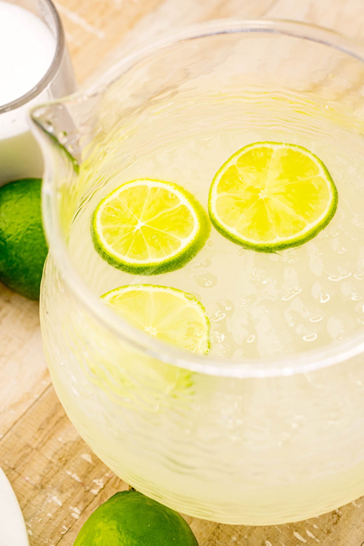 top view of homemade limeade in a glass pitcher