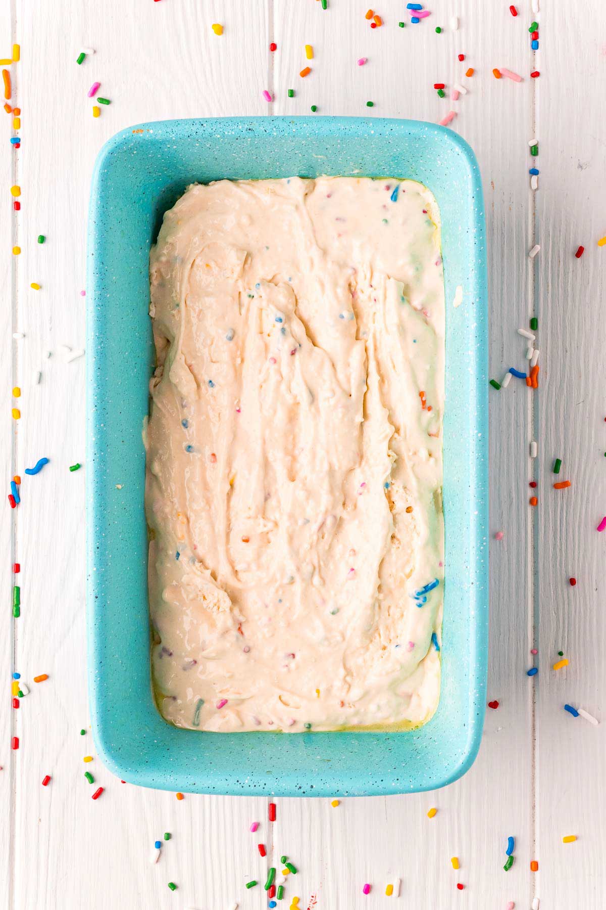 ice cream bread batter in a loaf pan