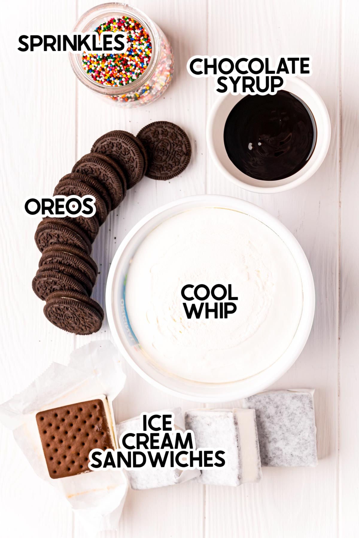 ingredients to make Oreo ice cream cake with labels