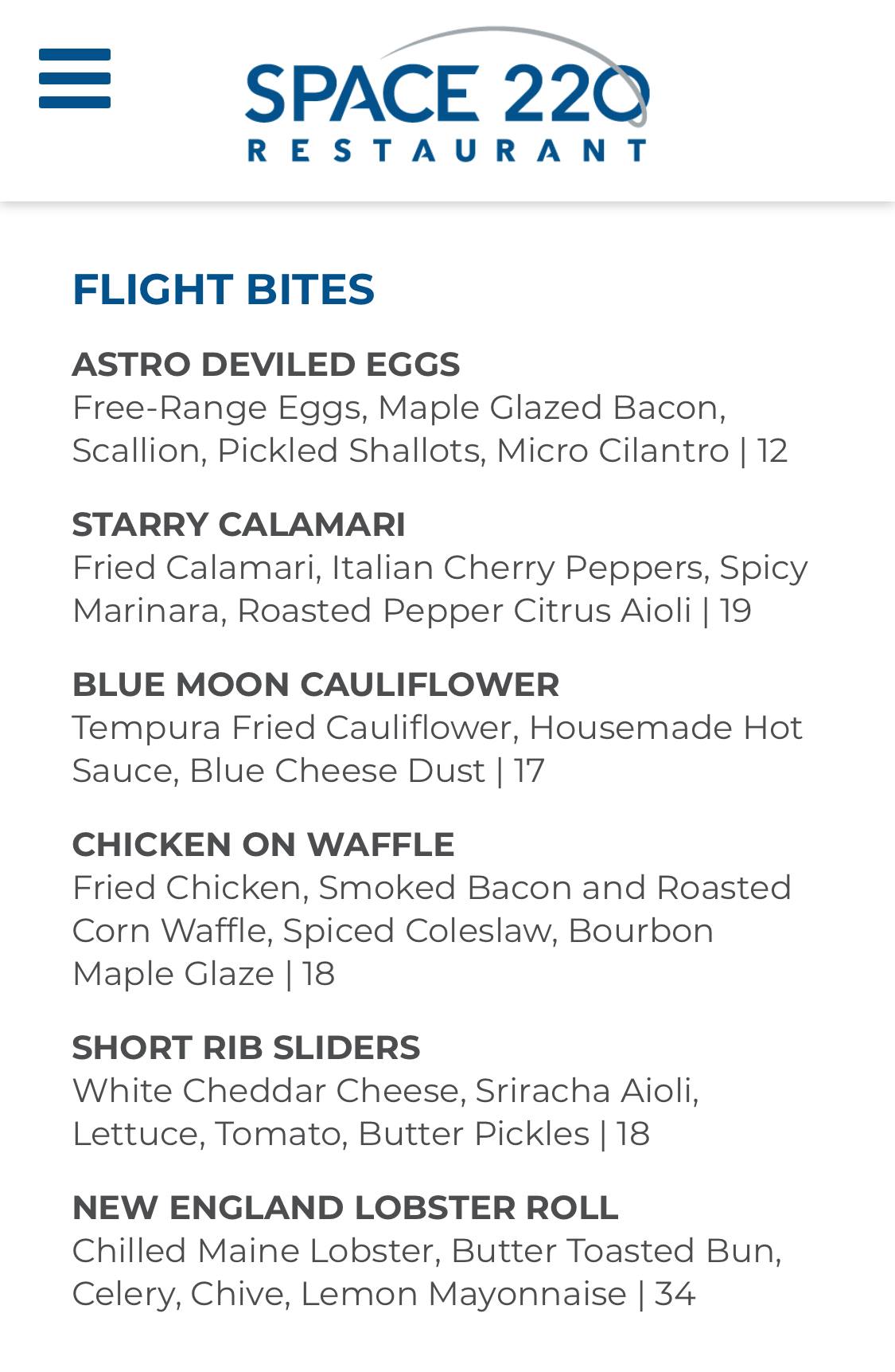 Lounge menu at Space 220
