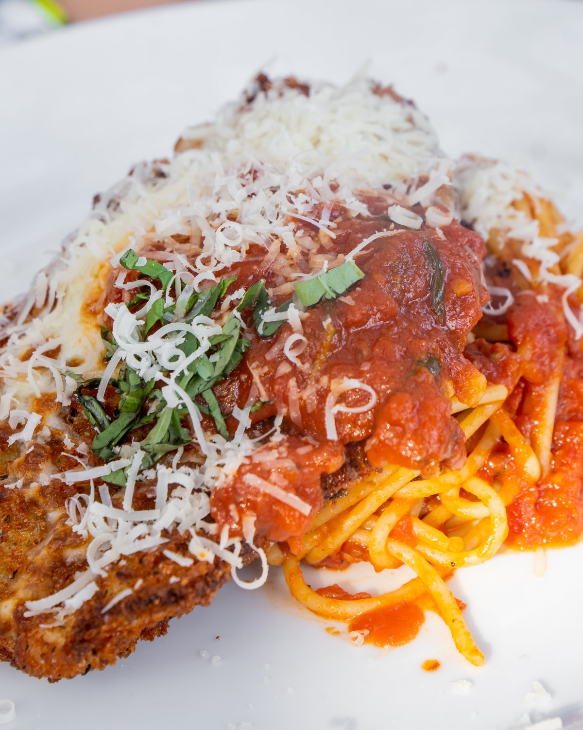 chicekn parmesan on a white plate