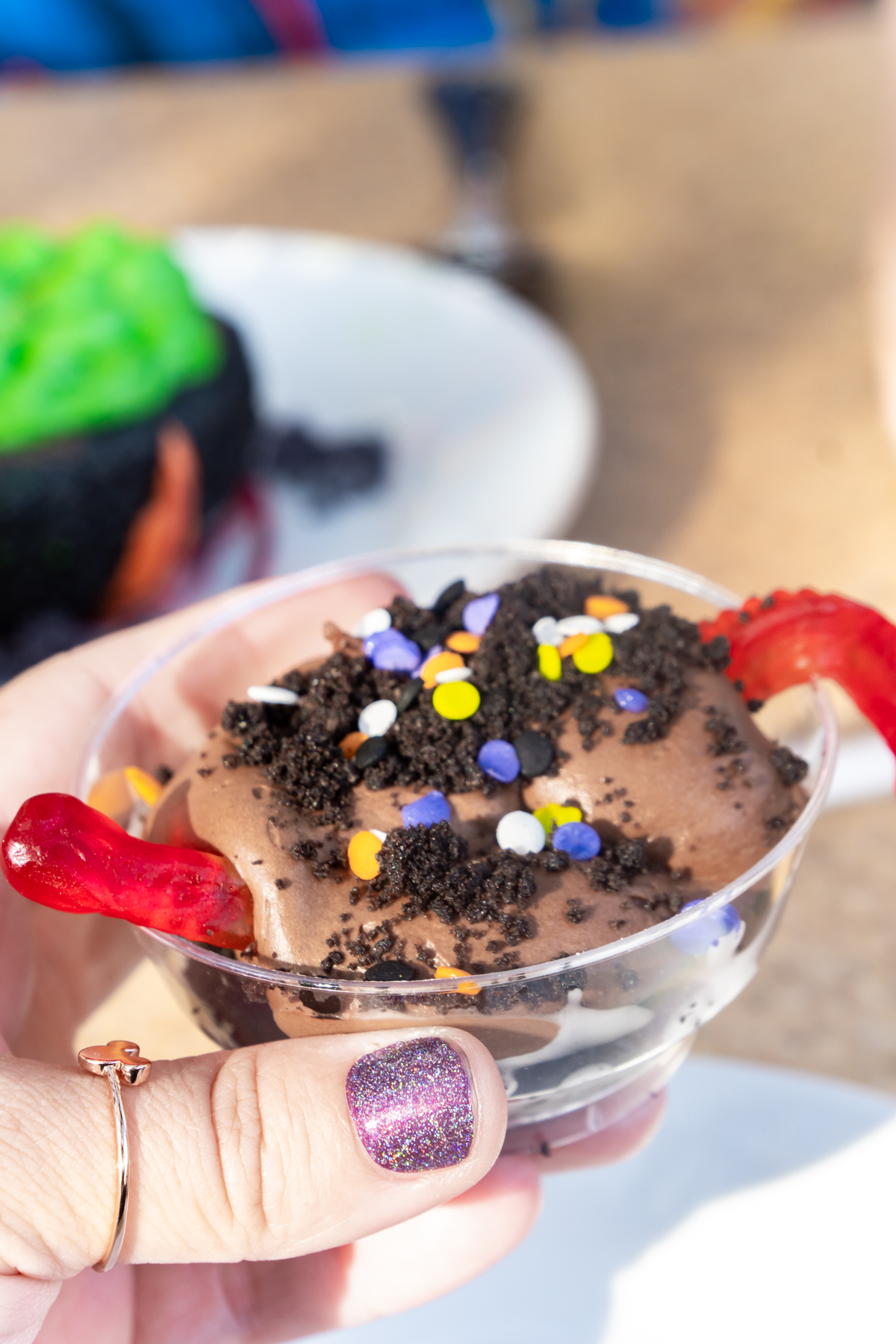 dirt and worms cup in someone's hand