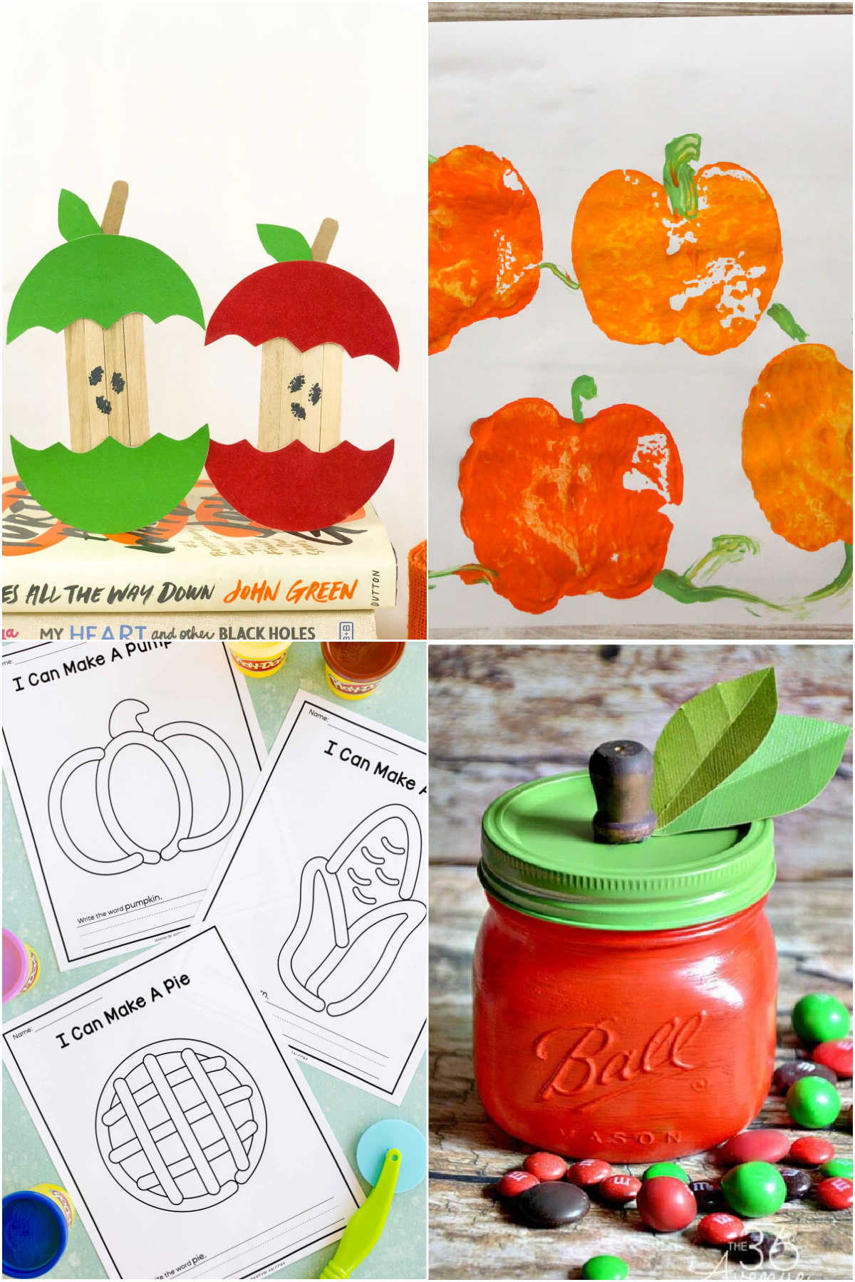 four images showing various apple crafts and activities